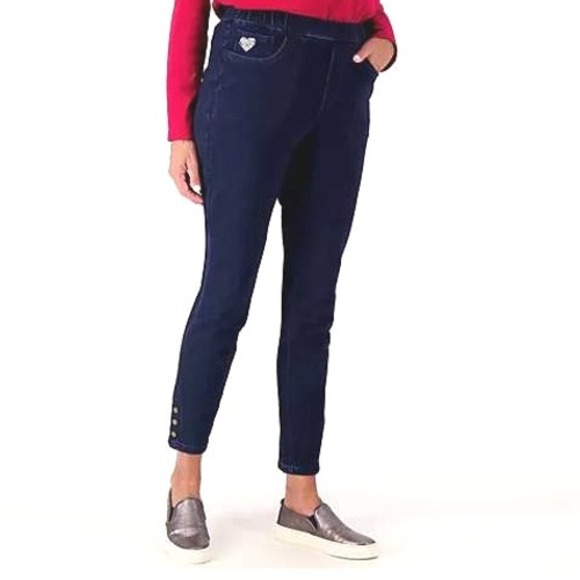 Quacker Factory Denim - Dream Jeannes Rhinestone Heart Quacker Facto Pants Comfort Fit blue Size 22W QVC
